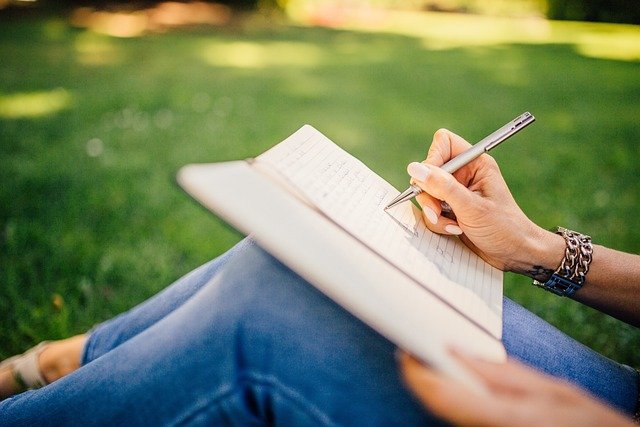 writing, writer, notes, pen, nature, notebook, book, girl, woman, people, hands, grass, outdoors