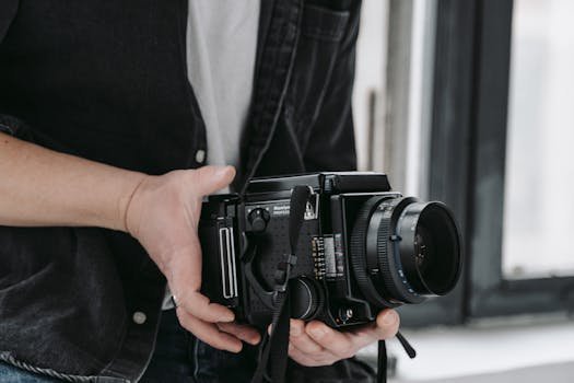 Close-up of a person holding a vintage medium format camera, indoors, with a focus on hands and camera details.